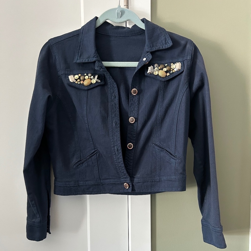 Bomber Jacket Navy Blue with Embellished pocket flaps - Picture 9 of 11